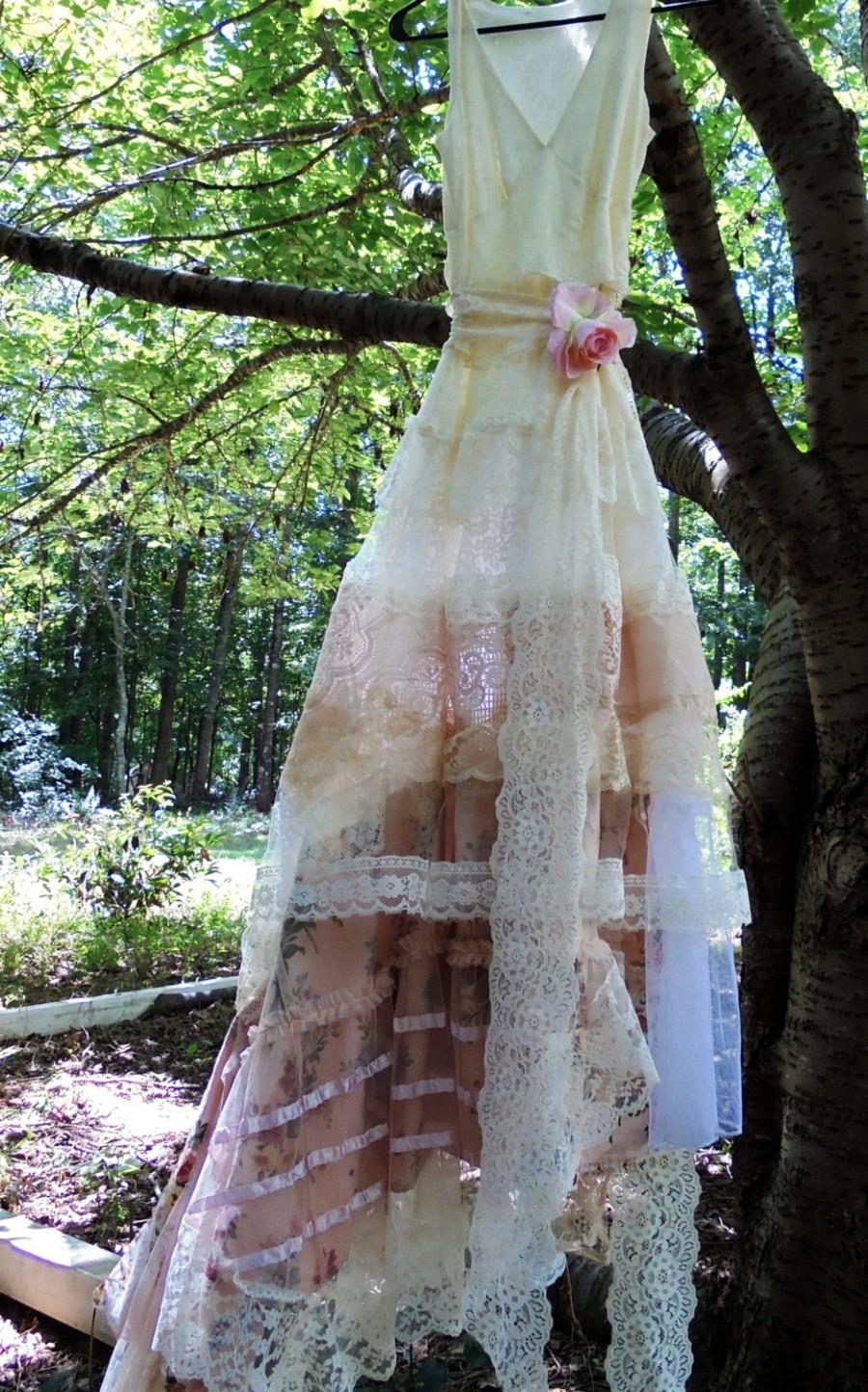 Ivory Lace Dress Wedding Floral Tulle Romantic Peach Cream Boho Outdoor ...