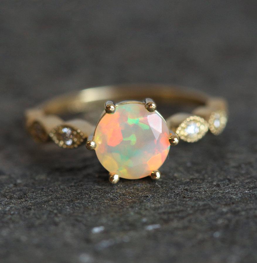 Ethiopian Opal Ring, Opal Engagement Ring, Welo Opal Ring, Opal Diamond ...