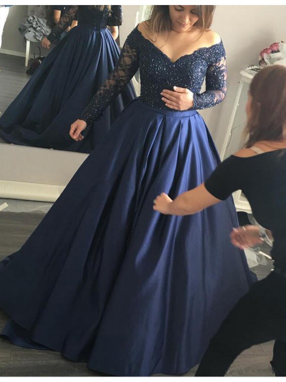 Buy Stylish Navy Blue Off The Shoulder Long Sleeves Beading Long Prom ...