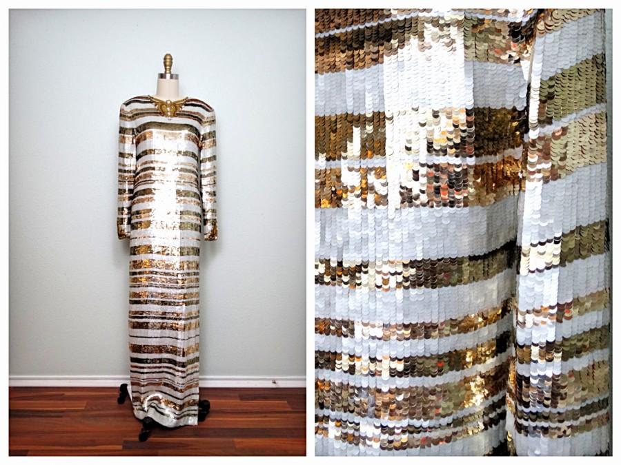 Fully Sequined Beaded Dress / White And Gold Beaded Sequin Gown ...