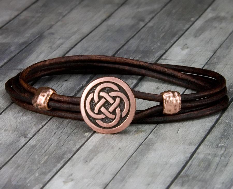 Copper Celtic Knot Red Leather Bracelet - Leather Wrap Bracelet - Mens ...