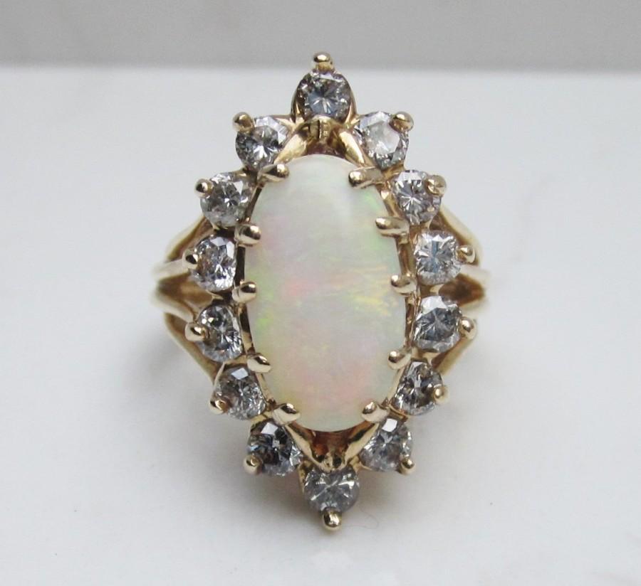 Huge Retro Halo Diamond And Natural White Opal Halo Ring Set 14k Solid ...