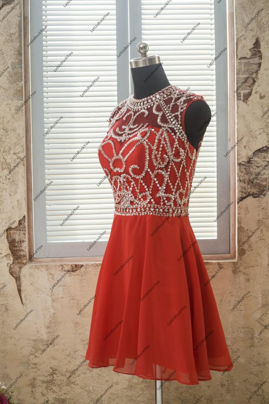 Red Sequins Beaded O Neck Short Red Bridesmaid Homecoming Dresses,prom ...