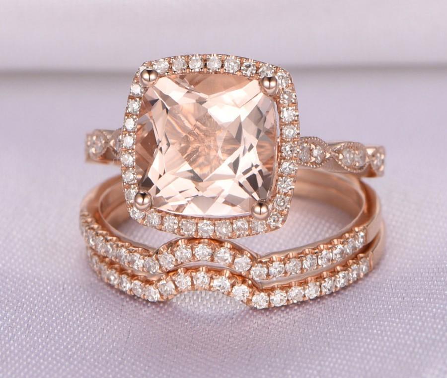 Morganite Wedding Ring Set,Rose Gold Morganite Engagement Ring,8x8mm ...