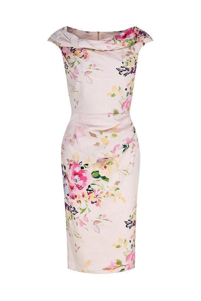 Dress - Pink Floral Bardot Wiggle Pencil Dress #2771489 - Weddbook
