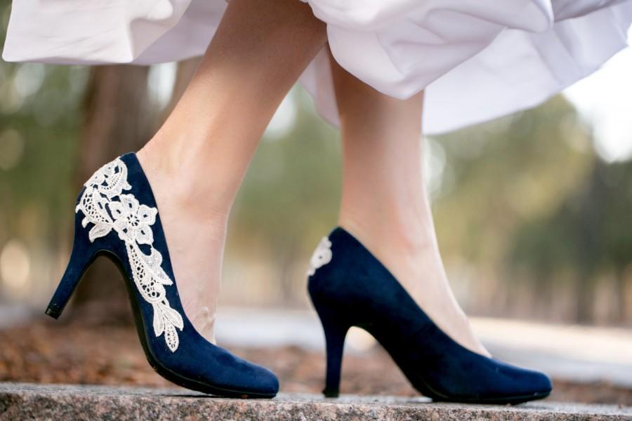 Navy Blue Wedding Shoes, Bridal Shoes, Low Wedding Heels, Blue Pumps ...