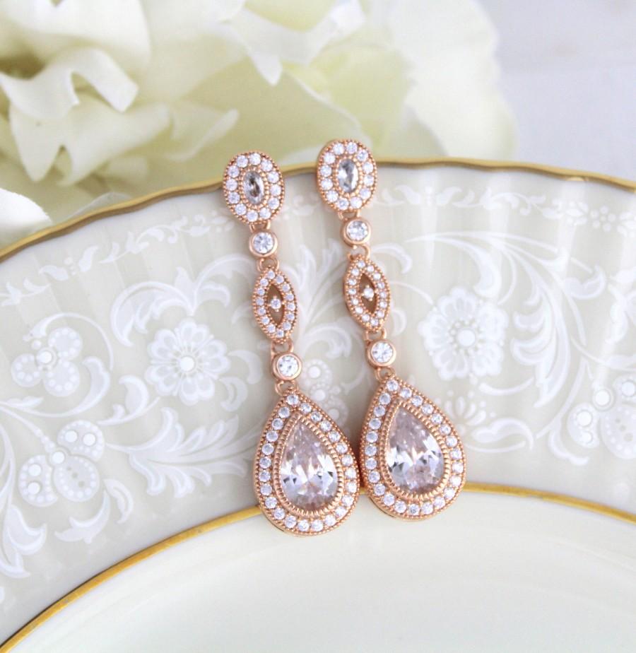 Rose Gold Earrings, Bridal Earrings, Bridal Jewelry, Long Earrings ...