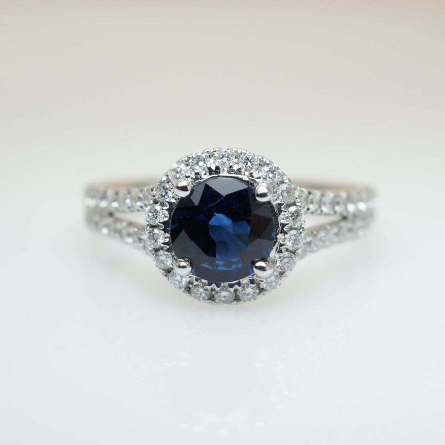 Natural Sapphire Split Shank Diamond Halo Engagement Ring Sapphire Ring ...