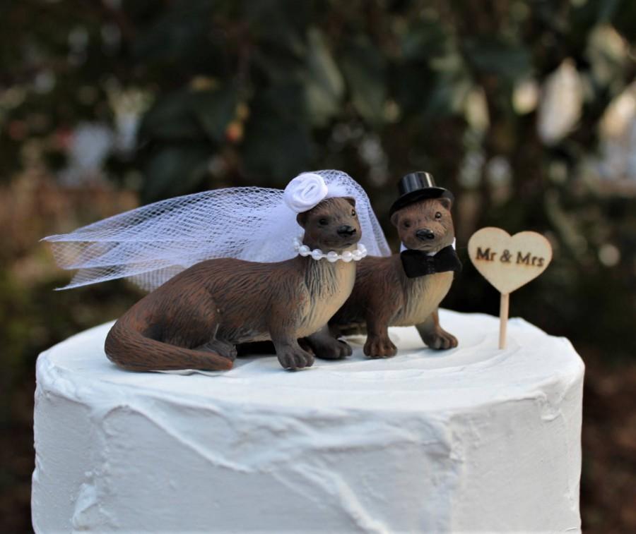 River Otter Wedding Cake Topper, Bride-Groom-Animal-Wooden Raft-Water ...