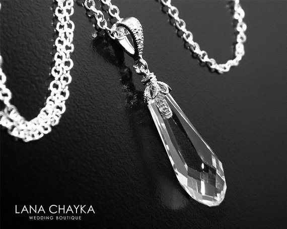 Teardrop Crystal Necklace, Swarovski Clear Crystal Silver Necklace ...