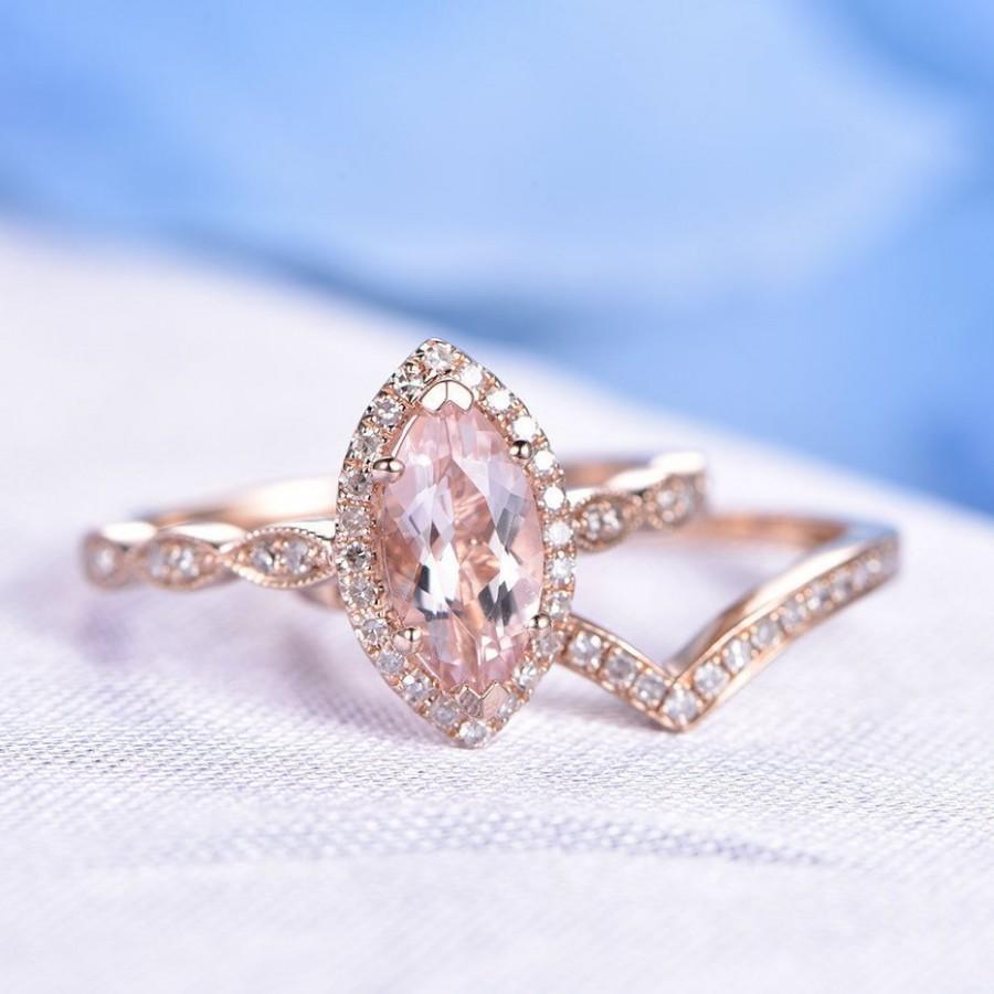 Morganite Ring Set Pink Morganite Engagement Ring 10x5mm Marquise Cut ...