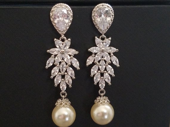 Wedding Cubic Zirconia Pearl Chandelier Earrings, Swarovski Ivory Pearl ...