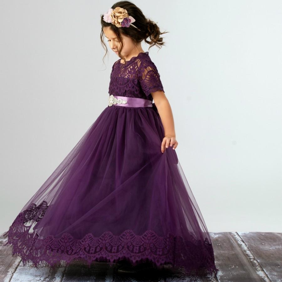 Purple Flower Girl Dress, Plum Lace Flower Girl Dress, Flower Girl ...