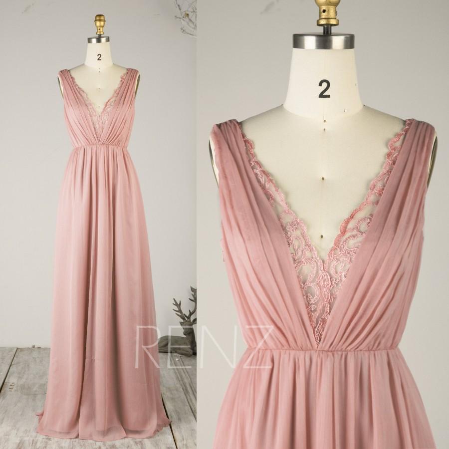 Prom Dress Dusty Rose Chiffon Bridesmaid Dress Illusion Lace V Neck ...