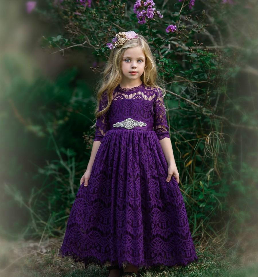 Purple Lace Flower Girl Dress, Bohemian Flower Girl Dresses, Eggplant ...