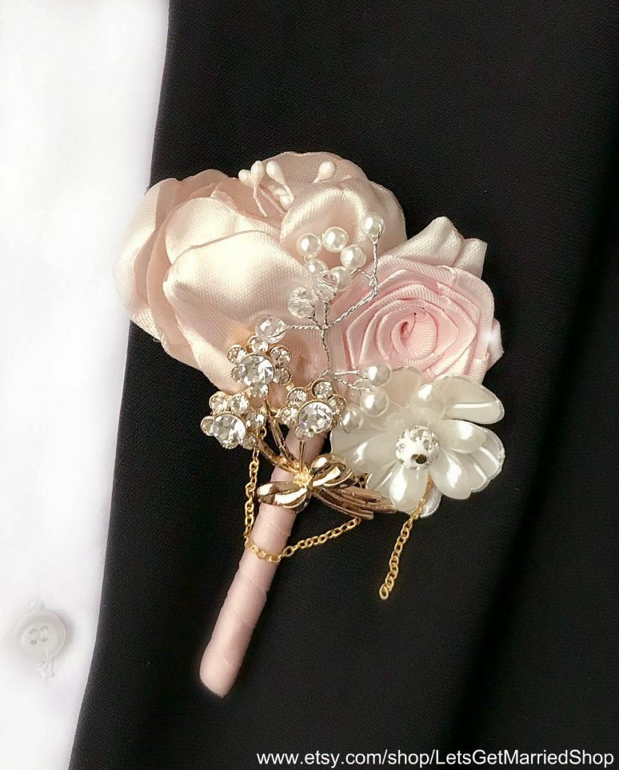 Wedding Boutonniere Champagne Grooms Pin Blush Pink Ivory Rose Gold ...