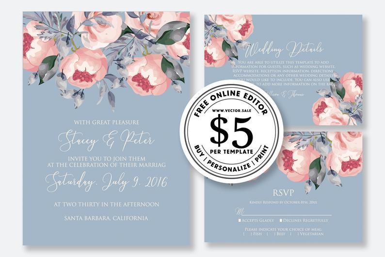 Wedding Invitation Set Blush Pink Peony On Blue Background Greenery Digital  Card Template Free Editable Online USD  On  #2951633 -  Weddbook