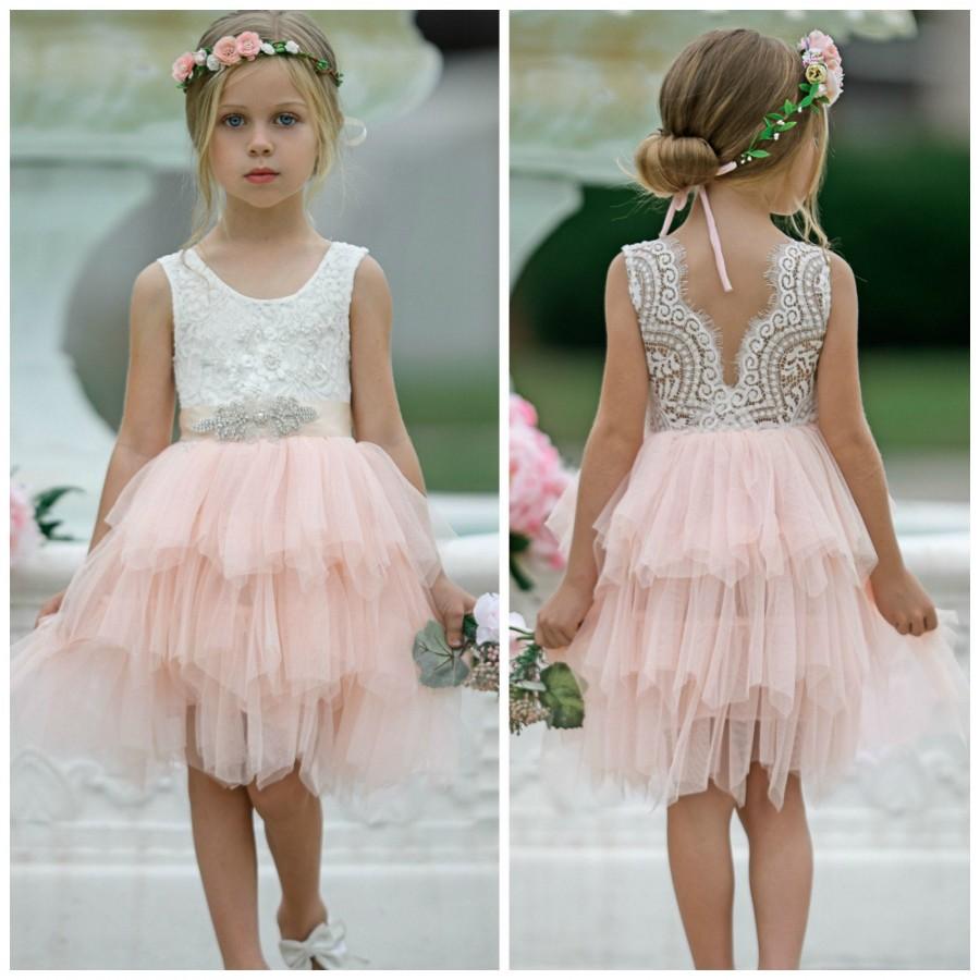 Blush Pink Tulle Flower Girl Dress, White Lace Flower Girl Dress, Boho ...