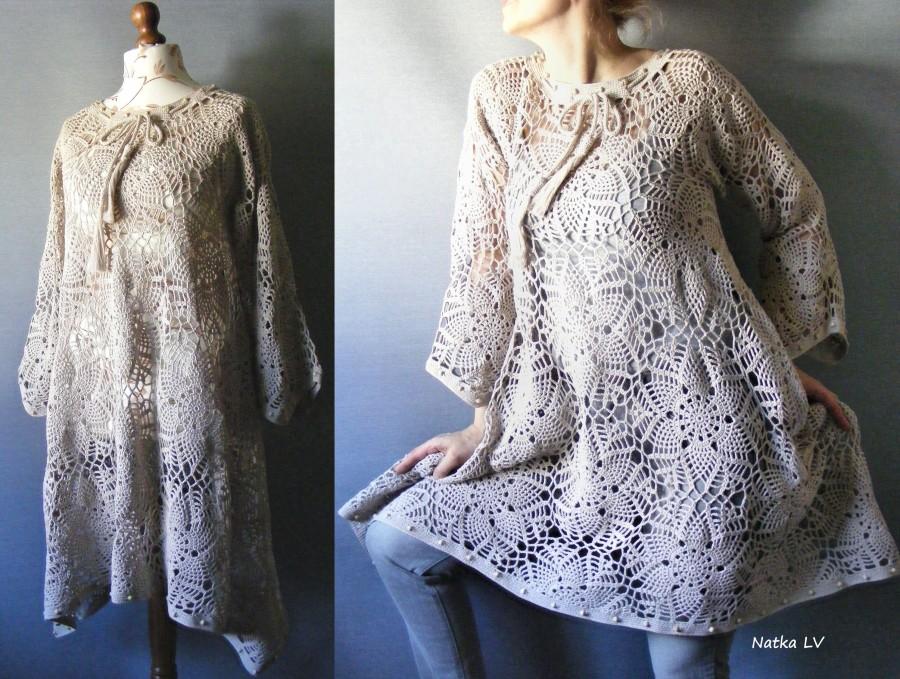Crochet Boho Dress, Oatmeal Crocheted Tunic, Bohemian Asymmetric Tunic ...