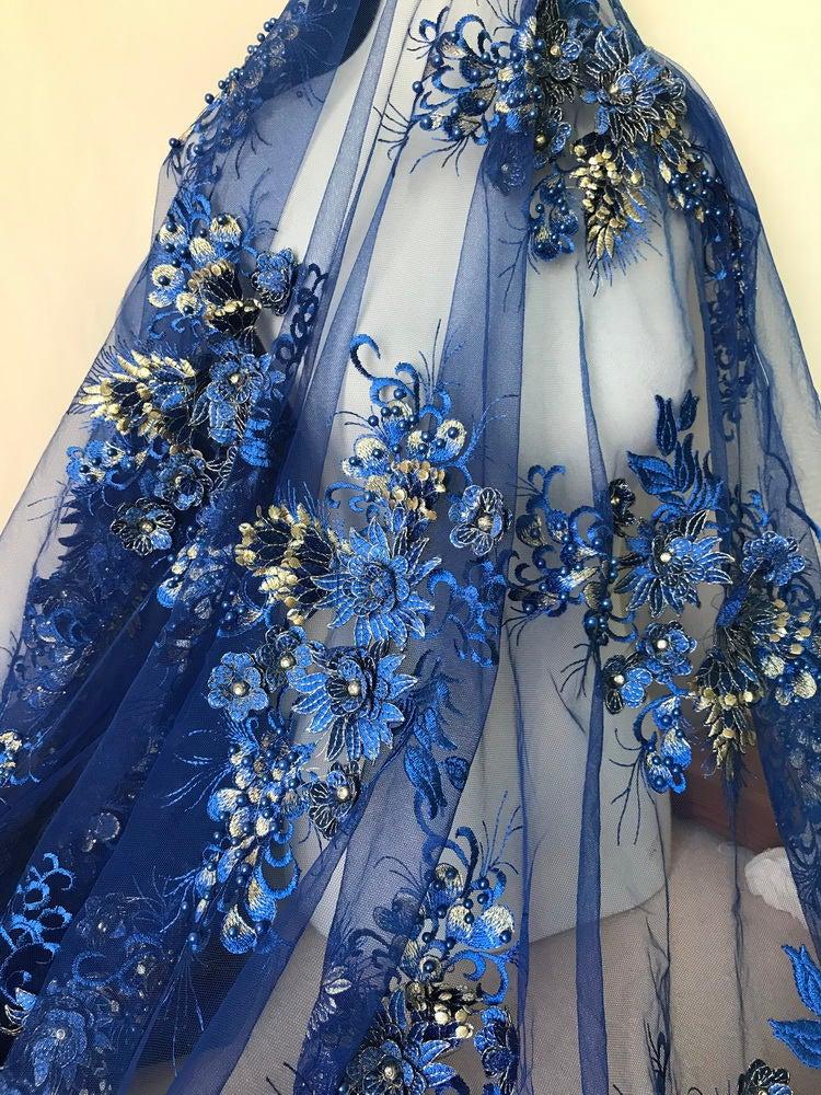 Royal Blue 3D Beaded Flower Lace Applique, Pearls Embroidered Bridal ...