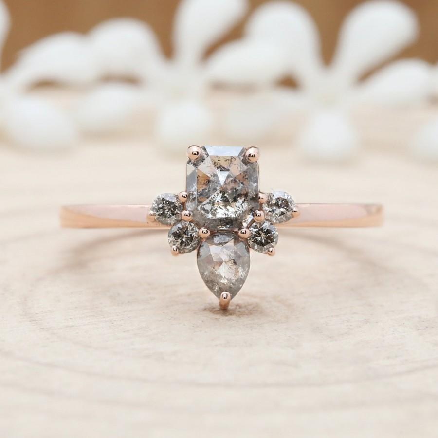 Salt And Pepper Emerald Diamond 14K Solid Rose Gold Ring Engagement ...