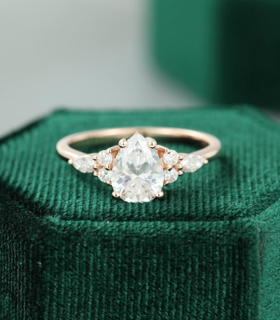 Pear Shaped Moissanite Engagement Ring Rose Gold Unique Cluster ...