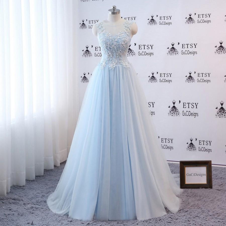 Elegant Prom Dress Blue Ball Gown Aline Sleeveless Women Formal Evening ...