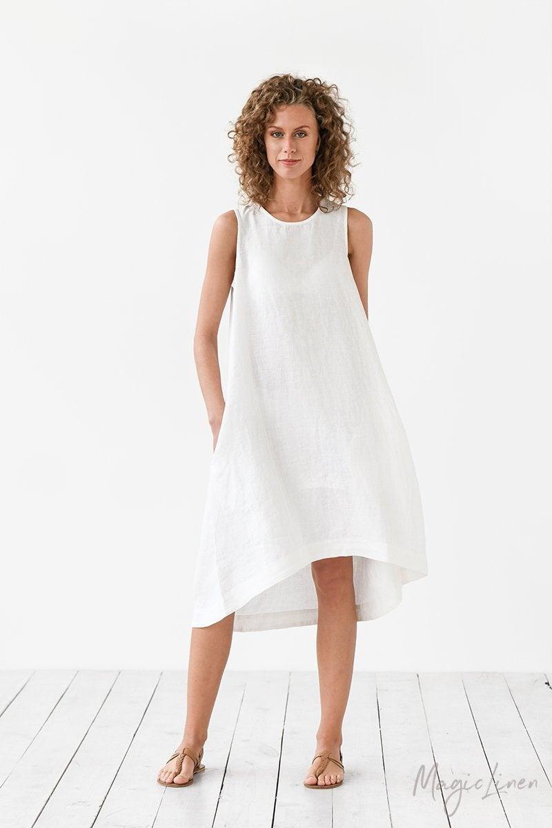 White Linen Dress TOSCANA. Asymmetrical, Sleeveless, Loose, Knee-length ...