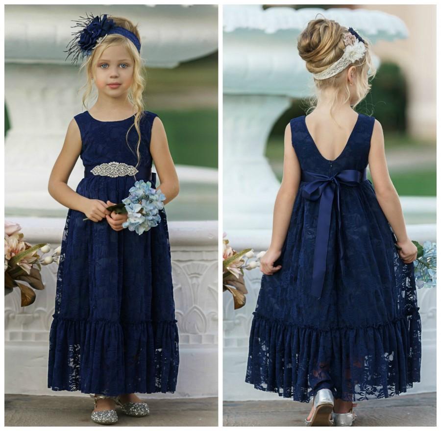 Navy Blue Lace Flower Girl Dress, Bohemian Flower Girl Dresses, Rustic ...