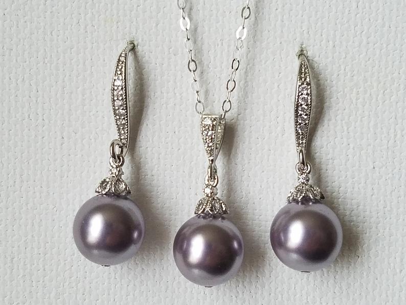 Light Purple Pearl Set, Swarovski Mauve Pearl Earrings&Necklace Set ...