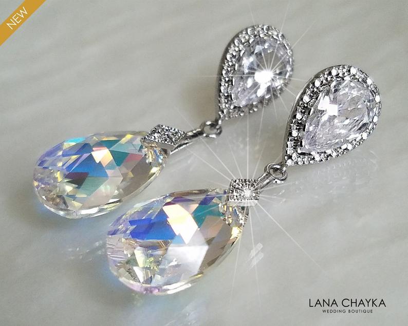 Aurora Borealis Crystal Earrings, Swarovski AB Crystal Silver Earrings ...